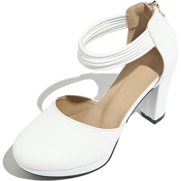 Women's White Closed Toe Stylish Pumps Platform Heels Ankle Strap Dress Shoes - Picture 5 of 7